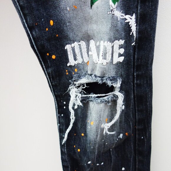 THRT Streetwear Graphic Paint Splatter Skinny Distressed Y2K Denim Jeans(30) - Picture 5 of 12